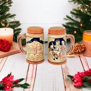 Vintage Pair of Japanese Bavarian Style Mug Ceramic Steins Collectible Beer Mugs